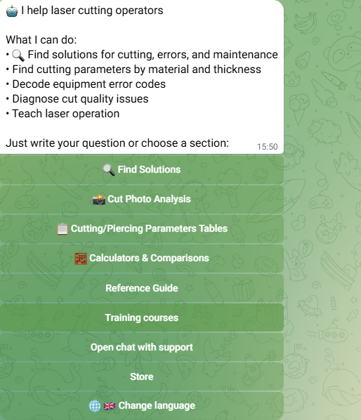 SBM Laser Help bot — main menu with 9 tools